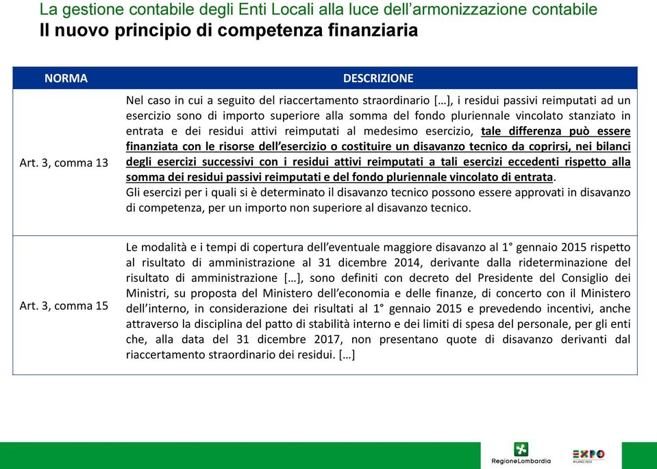 vincolato stanziato in entrata e dei residui attivi reimputati al medesimo esercizio, tale differenza può essere finanziata con le risorse dell esercizio o costituire un disavanzo tecnico da