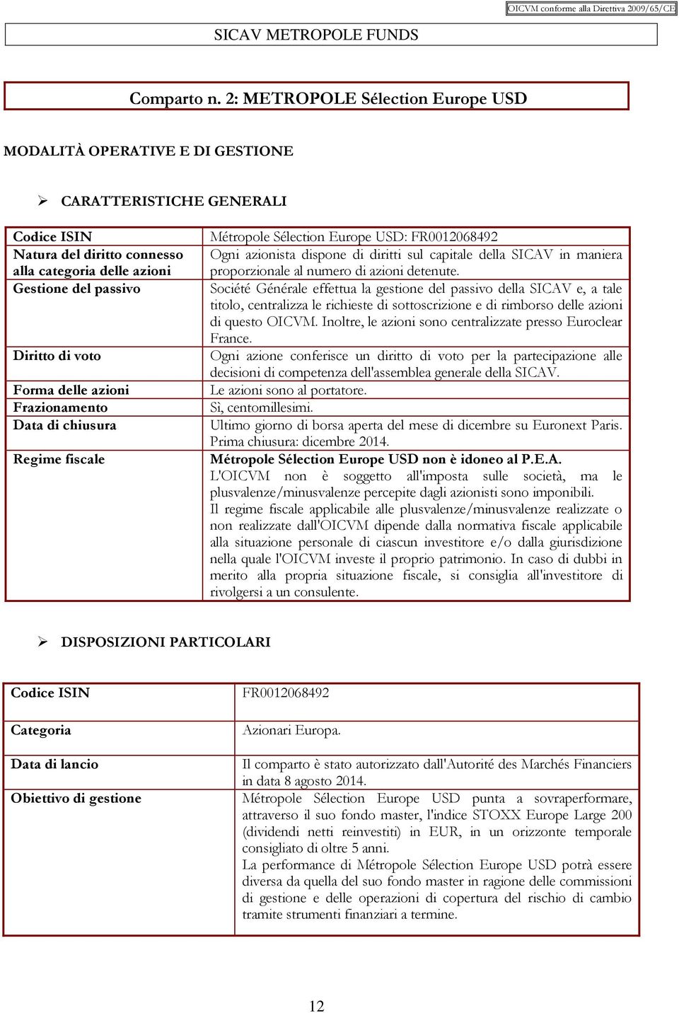 Forma delle azioni Frazionamento Data di chiusura Regime fiscale Métropole Sélection Europe USD: FR0012068492 Ogni azionista dispone di diritti sul capitale della SICAV in maniera proporzionale al