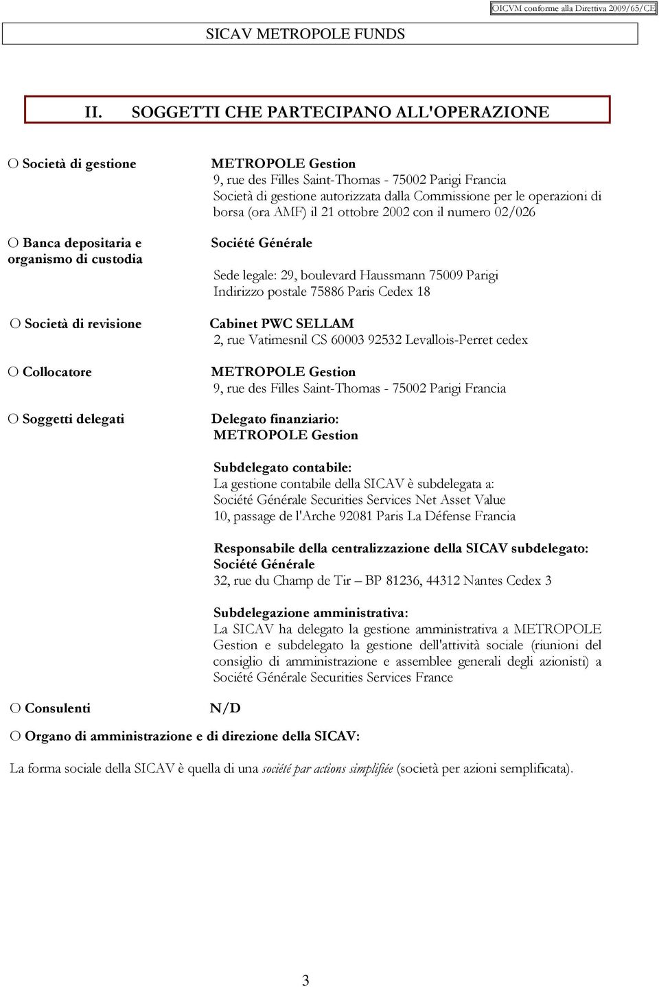 29, boulevard Haussmann 75009 Parigi Indirizzo postale 75886 Paris Cedex 18 Cabinet PWC SELLAM 2, rue Vatimesnil CS 60003 92532 Levallois-Perret cedex METROPOLE Gestion 9, rue des Filles Saint-Thomas