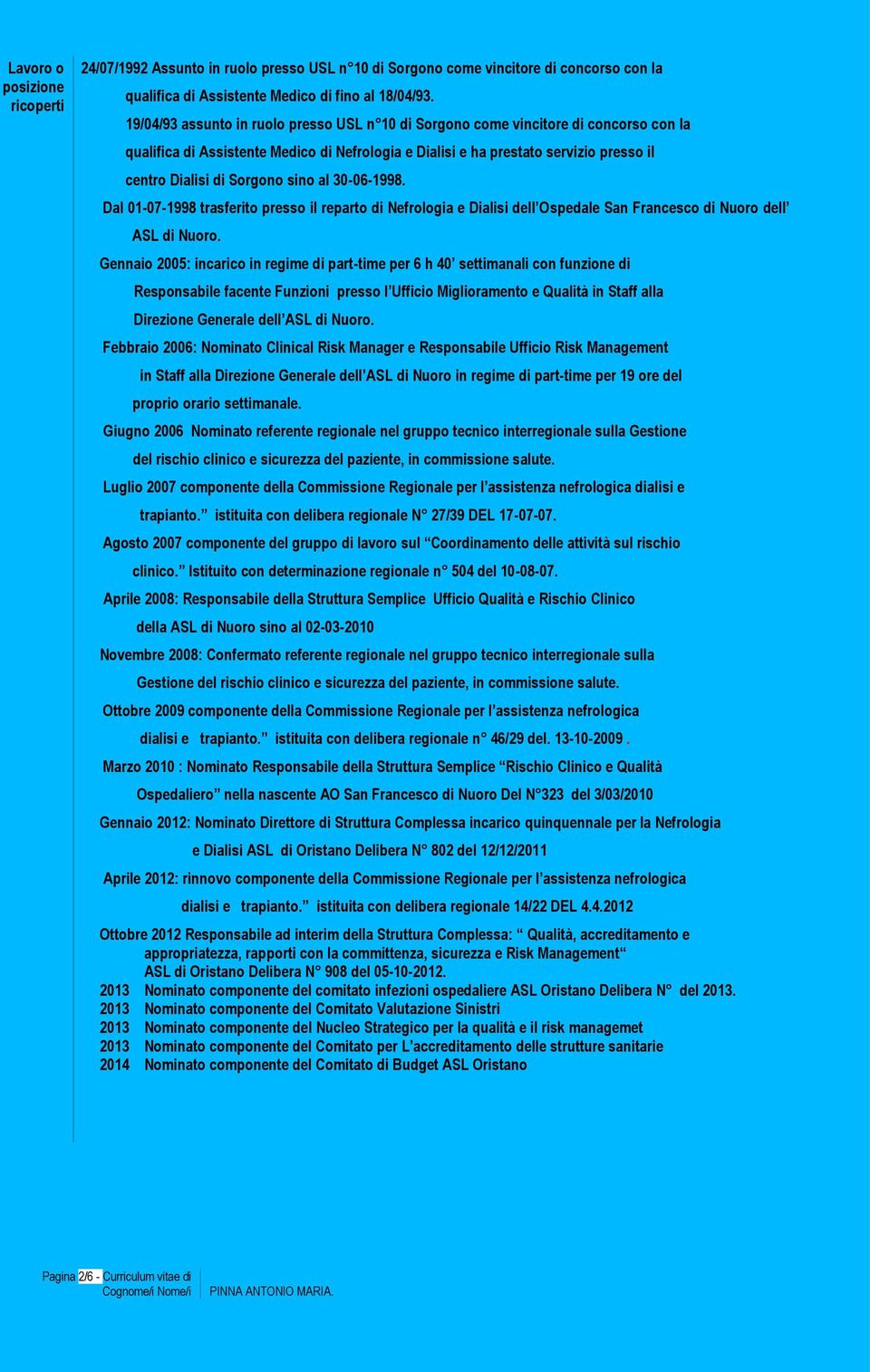 Sorgono sino al 30-06-1998. Dal 01-07-1998 trasferito presso il reparto di Nefrologia e Dialisi dell Ospedale San Francesco di Nuoro dell ASL di Nuoro.