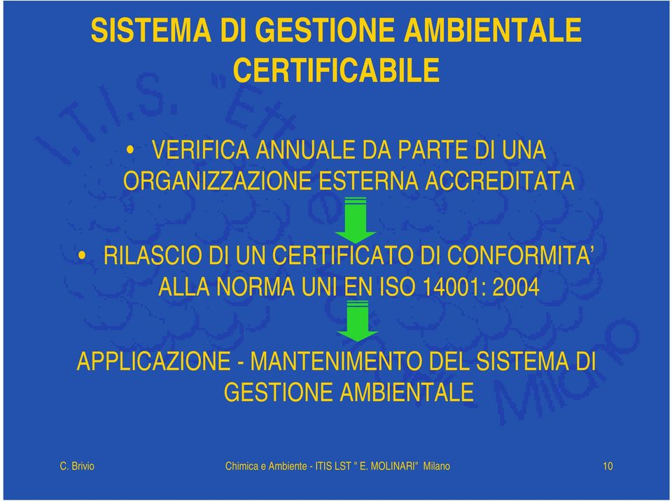 ALLA NORMA UNI EN ISO 14001: 2004 APPLICAZIONE - MANTENIMENTO DEL SISTEMA DI