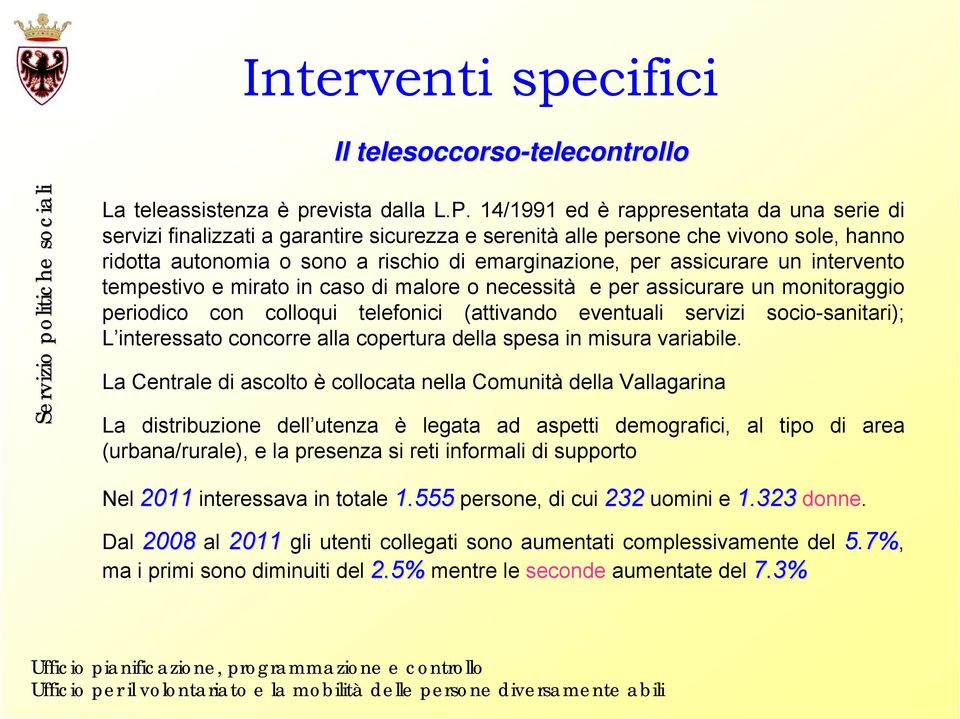 un intervento tempestivo e mirato in caso di malore o necessità e per assicurare un monitoraggio periodico con colloqui telefonici (attivando eventuali servizi socio-sanitari); L interessato concorre