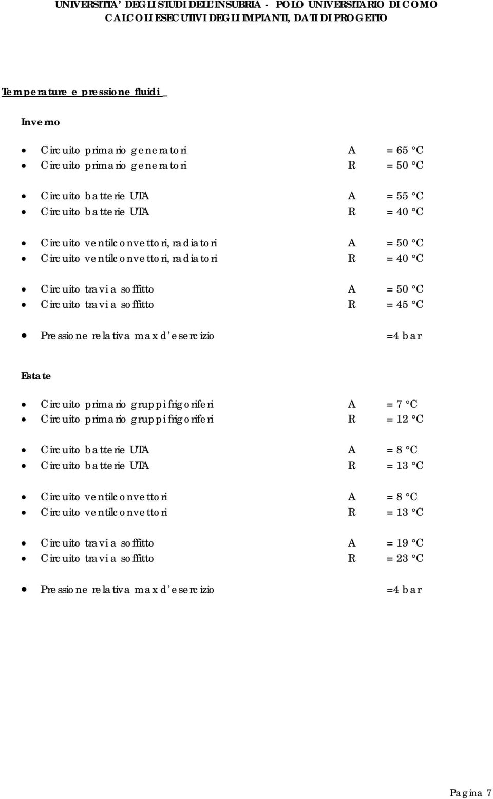 max d esercizio =4 bar Estate Circuito primario gruppi frigoriferi A = 7 C Circuito primario gruppi frigoriferi R = 12 C Circuito batterie UTA A = 8 C Circuito batterie UTA R = 13 C