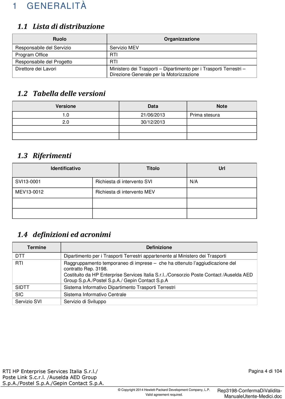 Trasporti Terrestri Direzione Generale per la Motorizzazione 1.2 Tabella delle versioni Versione Data Note 1.0 21/06/2013 Prima stesura 2.0 30/12/2013 1.