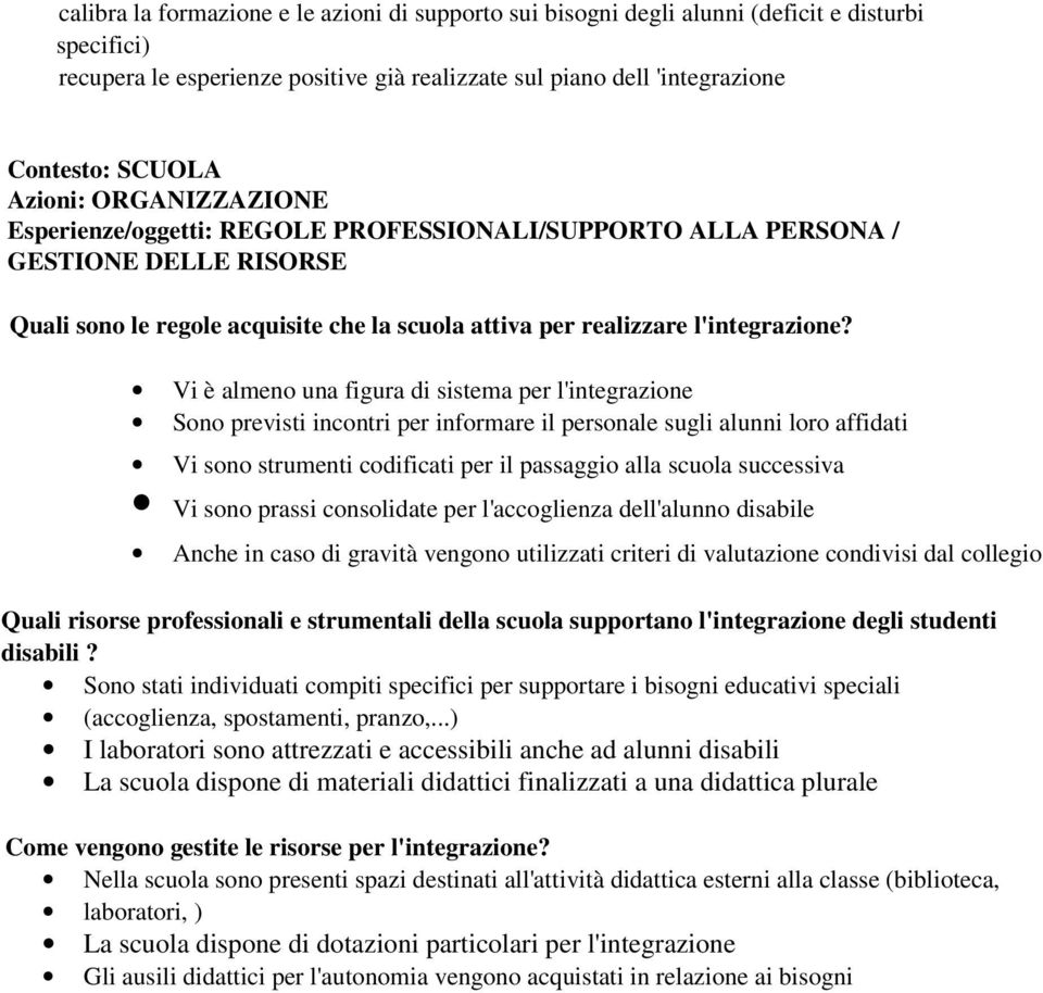 Vi è almeno una figura di sistema per l'integrazione Sono previsti incontri per informare il personale sugli alunni loro affidati Vi sono strumenti codificati per il passaggio alla scuola successiva