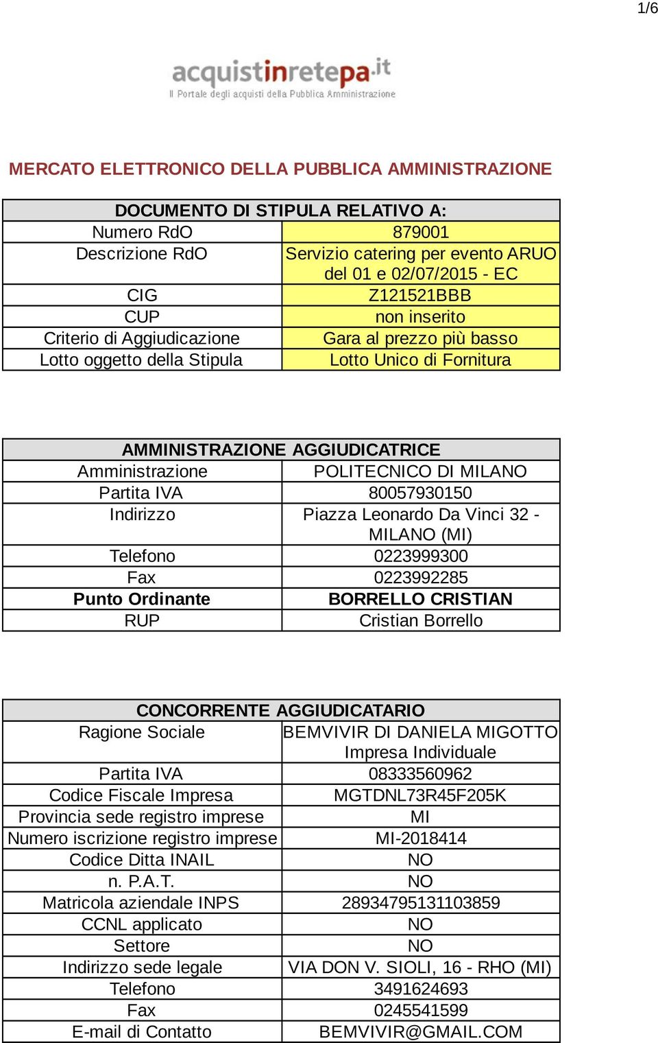 80057930150 Indirizzo Piazza Leonardo Da Vinci 32 - MILANO (MI) Telefono 0223999300 Fax 0223992285 Punto Ordinante BORRELLO CRISTIAN RUP Cristian Borrello CONCORRENTE AGGIUDICATARIO Ragione Sociale