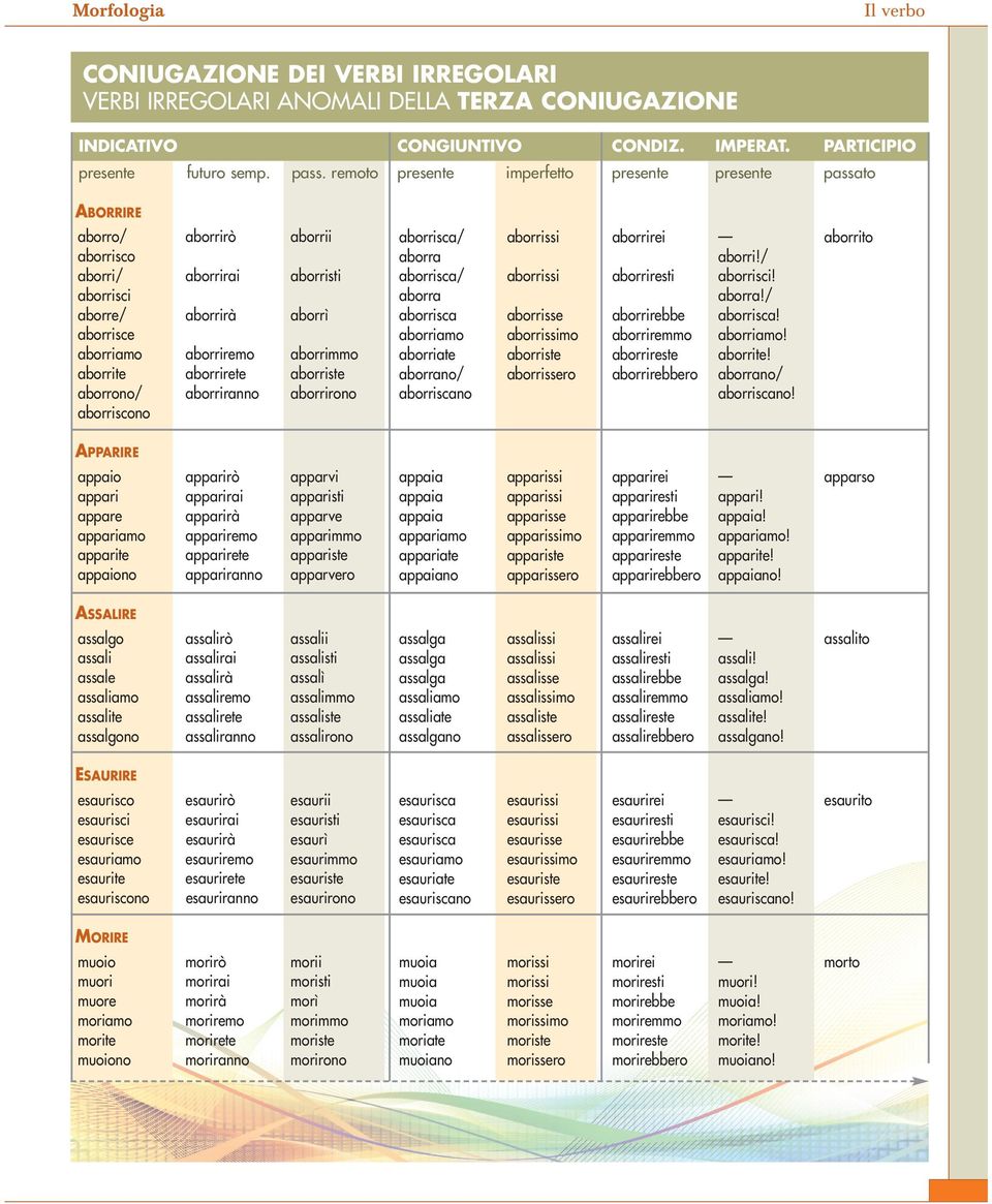 aborriranno aborrirono aborriscono APPARIRE appaio apparirò apparvi appari apparirai apparisti appare apparirà apparve appariamo appariremo apparimmo apparite apparirete appariste appaiono