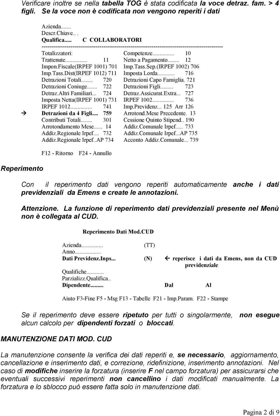 Fiscale(IRPEF 1001) 701 Imp.Tass.Sep.(IRPEF 1002) 706 Imp.Tass.Dist(IRPEF 1012) 711 Imposta Lorda... 716 Detrazioni Totali... 720 Detrazioni Capo Famiglia. 721 Detrazioni Coniuge.