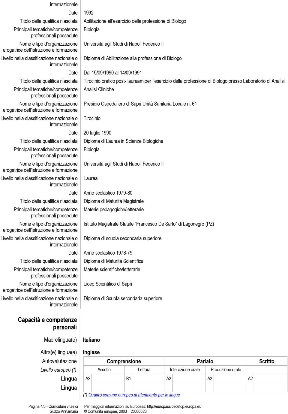 61 Tirocinio 20 luglio 1990 Diploma di Laurea in Scienze Biologiche Università agli Studi di Napoli Federico II Laurea Anno scolastico 1979-80 Diploma di Maturità Magistrale Materie