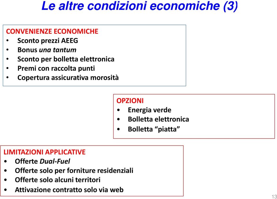 OPZIONI Energia verde Bolletta elettronica Bolletta piatta LIMITAZIONI APPLICATIVE Offerte Dual