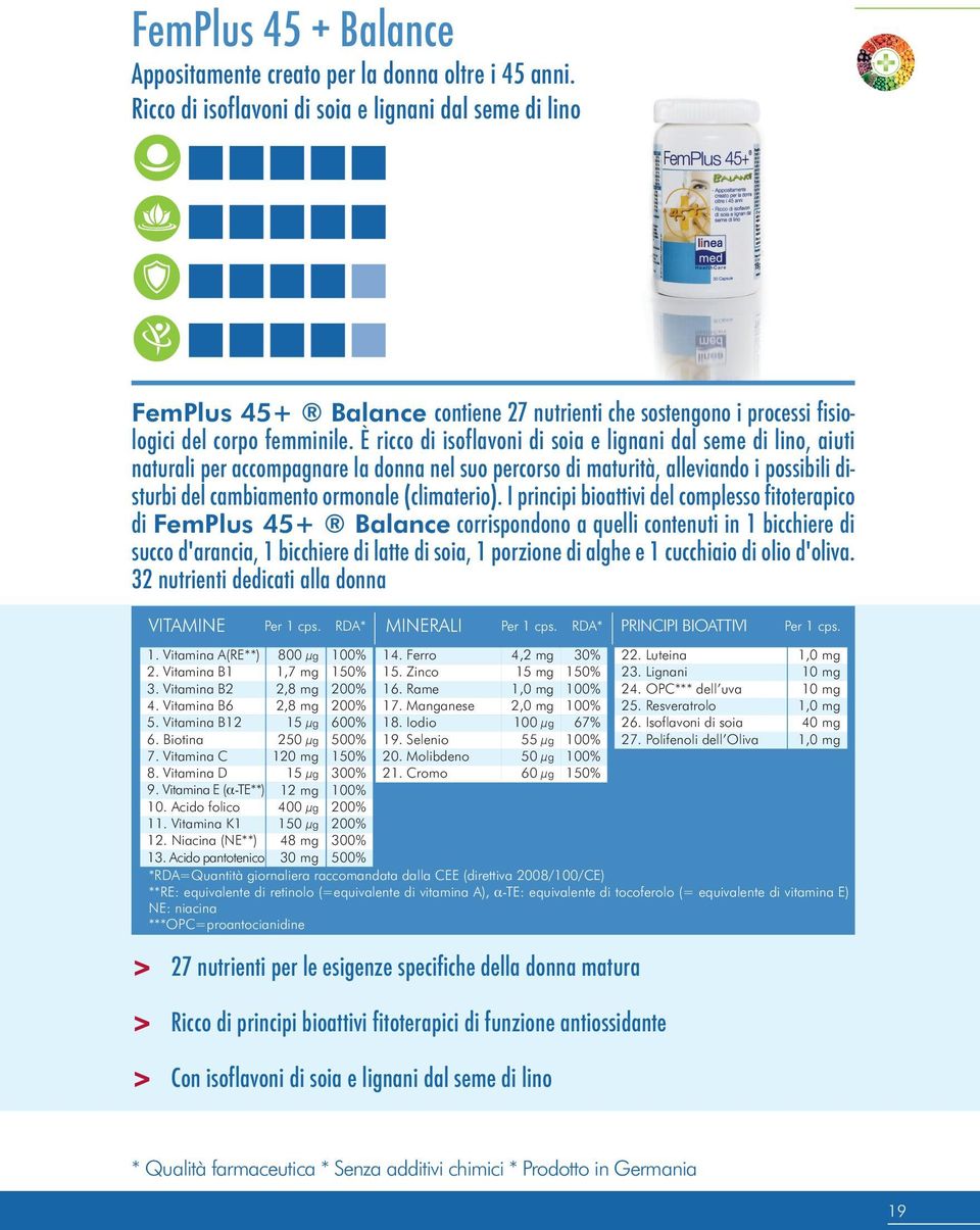 È ricco di isoflavoni di soia e lignani dal seme di lino, aiuti naturali per accompagnare la donna nel suo percorso di maturità, alleviando i possibili disturbi del cambiamento ormonale (climaterio).