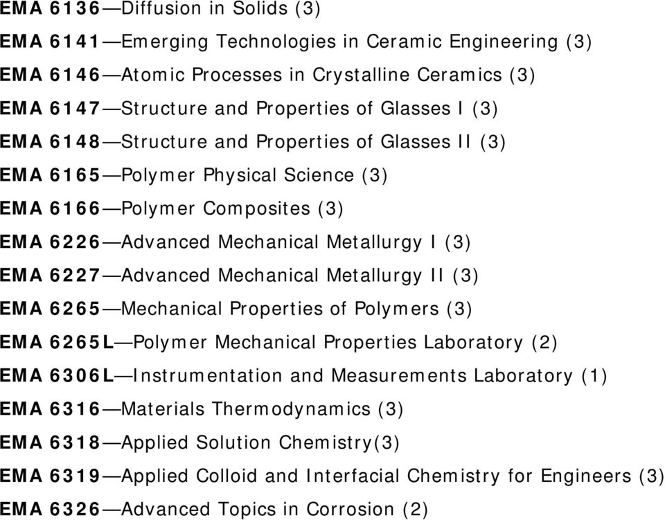 Advanced Mechanical Metallurgy II (3) EMA 6265 Mechanical Properties of Polymers (3) EMA 6265L Polymer Mechanical Properties Laboratory (2) EMA 6306L Instrumentation and Measurements