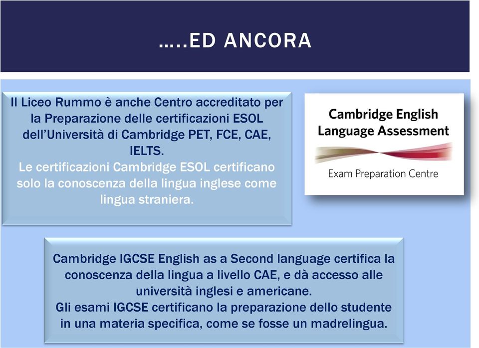 Cambridge IGCSE English as a Second language certifica la conoscenza della lingua a livello CAE, e dà accesso alle università
