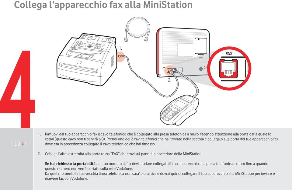 Prendi uno dei 2 cavi telefonici che hai trovato nella scatola (l altro e collegalo alla porta del tuo apparecchio fax è di scorta) e collegalo alla porta del dove era in precedenza collegato il cavo