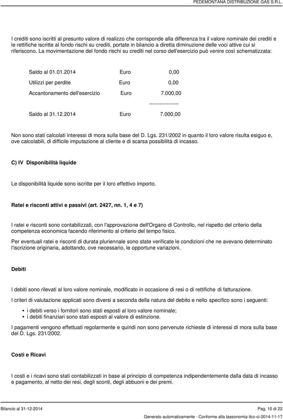 01.2014 Euro 0,00 Utilizzi per perdite Euro 0,00 Accantonamento dell'esercizio Euro 7.000,00 ----------------- Saldo al 31.12.2014 Euro 7.