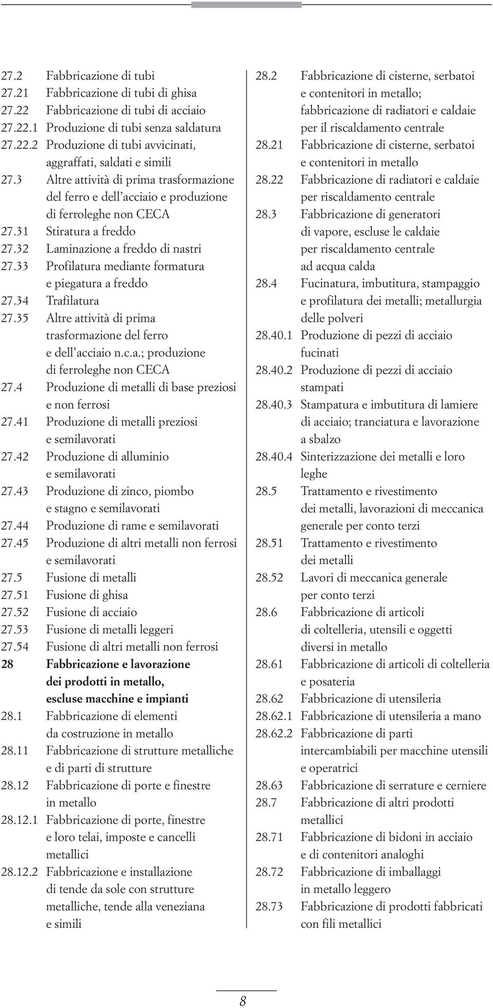 33 Profilatura mediante formatura e piegatura a freddo 27.34 Trafilatura 27.35 Altre attività di prima trasformazione del ferro e dell acciaio n.c.a.; produzione di ferroleghe non CECA 27.