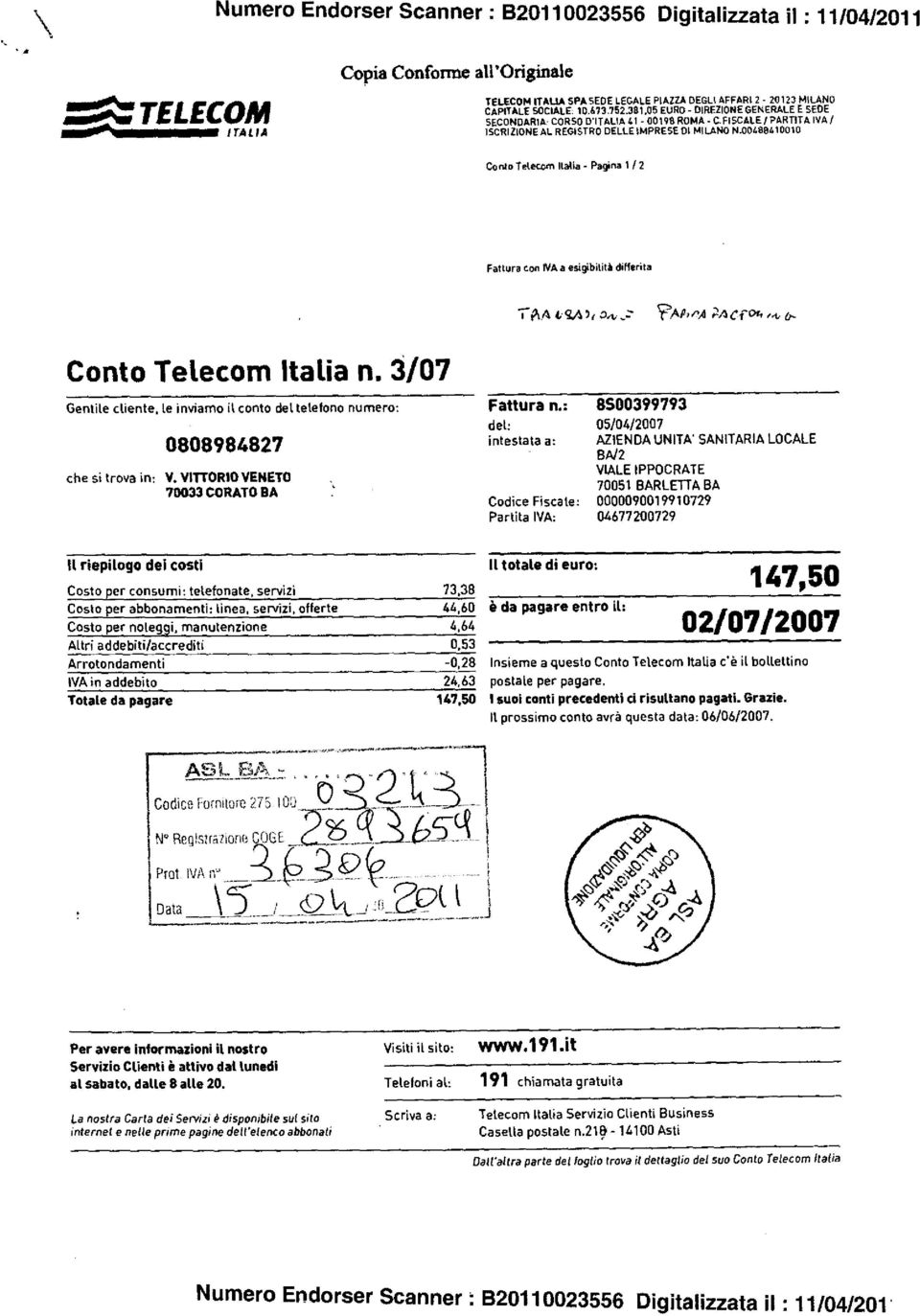 00480410010 Conto Telecom Italia - Pagina 1 /2 Fattura con IVA a esigibilità differita AA 4 443, 04.. `Ap,nd PA C (04 o- Conto Telecom Italia n.