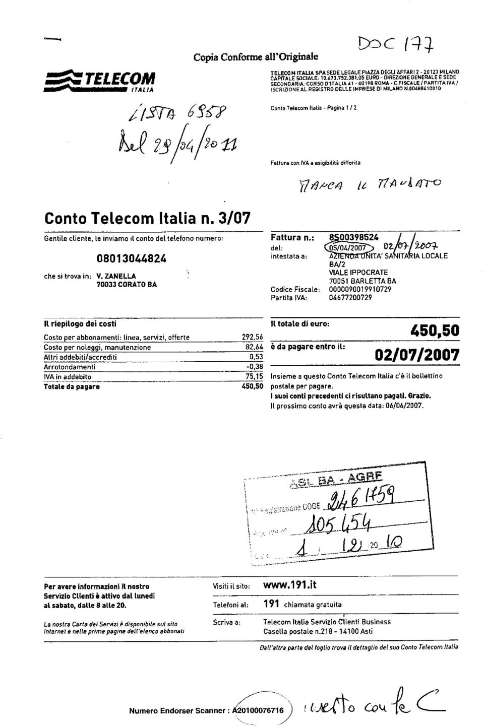 00488410010 Conto Telecom Italia - Pagina 1 / 2 Fattura con IVA a esigibilità differita 7" 7 4fre4 / 77A /Tre Conto Telecom Italia n.