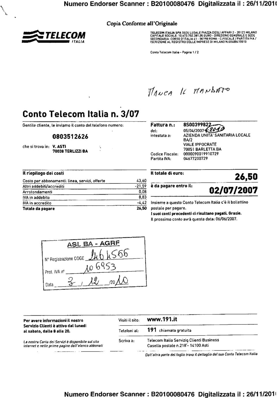 FISCALE / PARTITA IVA I ISCRIZIONE Al REGISTRO DELLE IMPRESE DI MILANO N-00488410010 Conto Tetecom Italia - Pagina 112 e4 IC )1/3 p herro Conto Telecom Italia n.