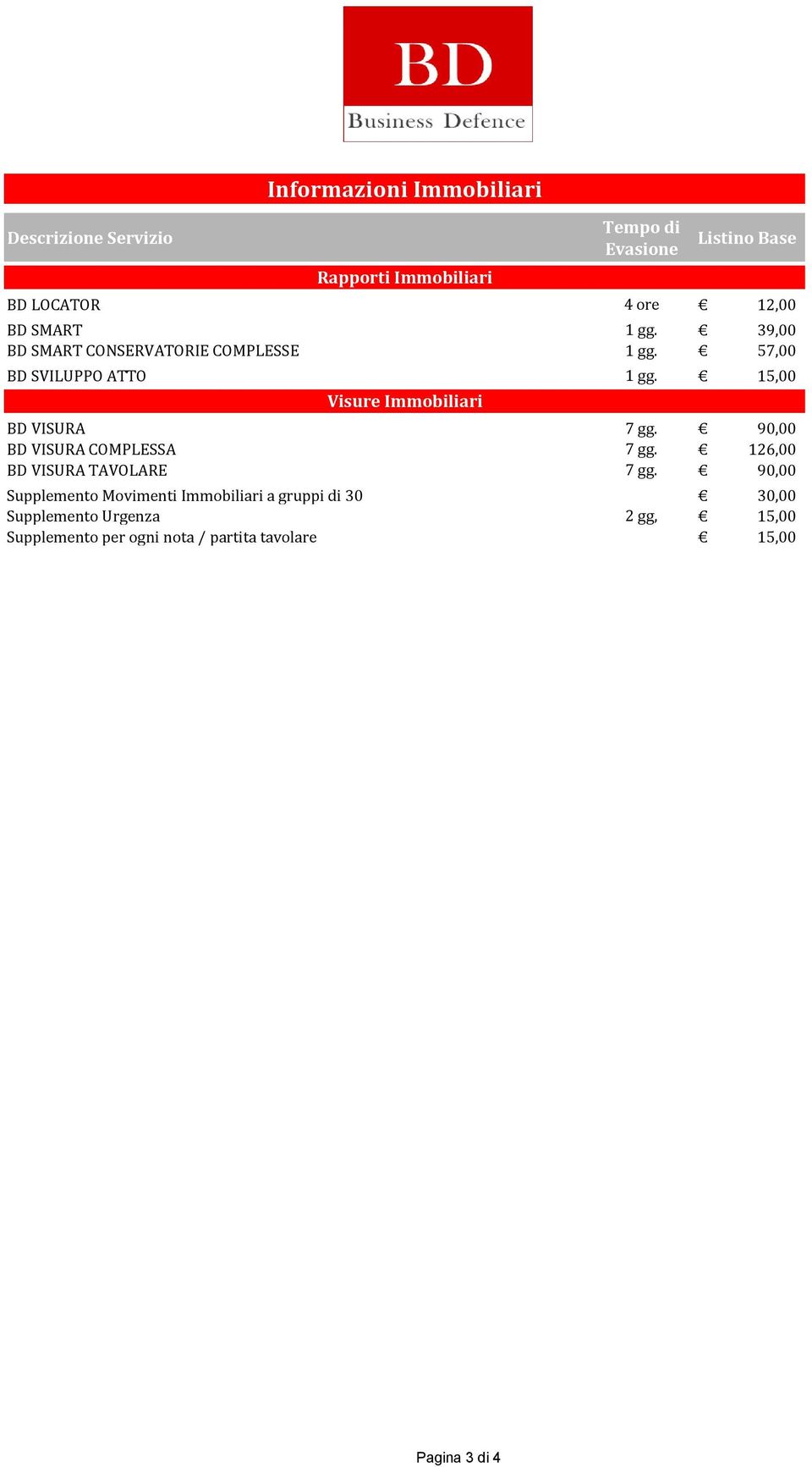 15,00 Visure Immobiliari BD VISURA 7 gg. 90,00 BD VISURA COMPLESSA 7 gg. 126,00 BD VISURA TAVOLARE 7 gg.