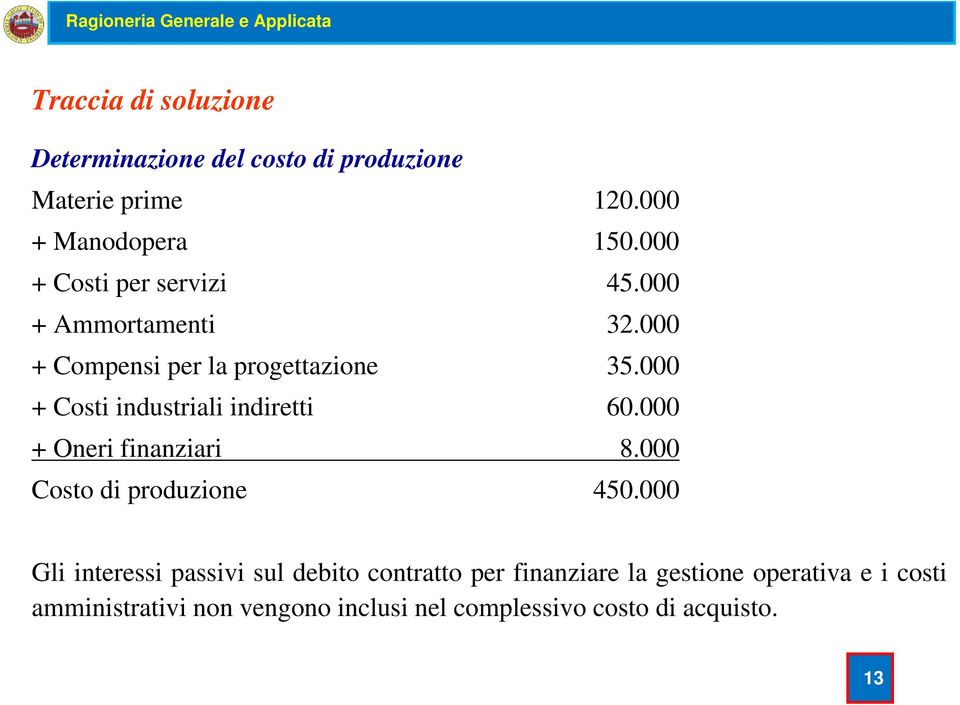 000 + Costi industriali indiretti 60.000 + Oneri finanziari 8.000 Costo di produzione 450.