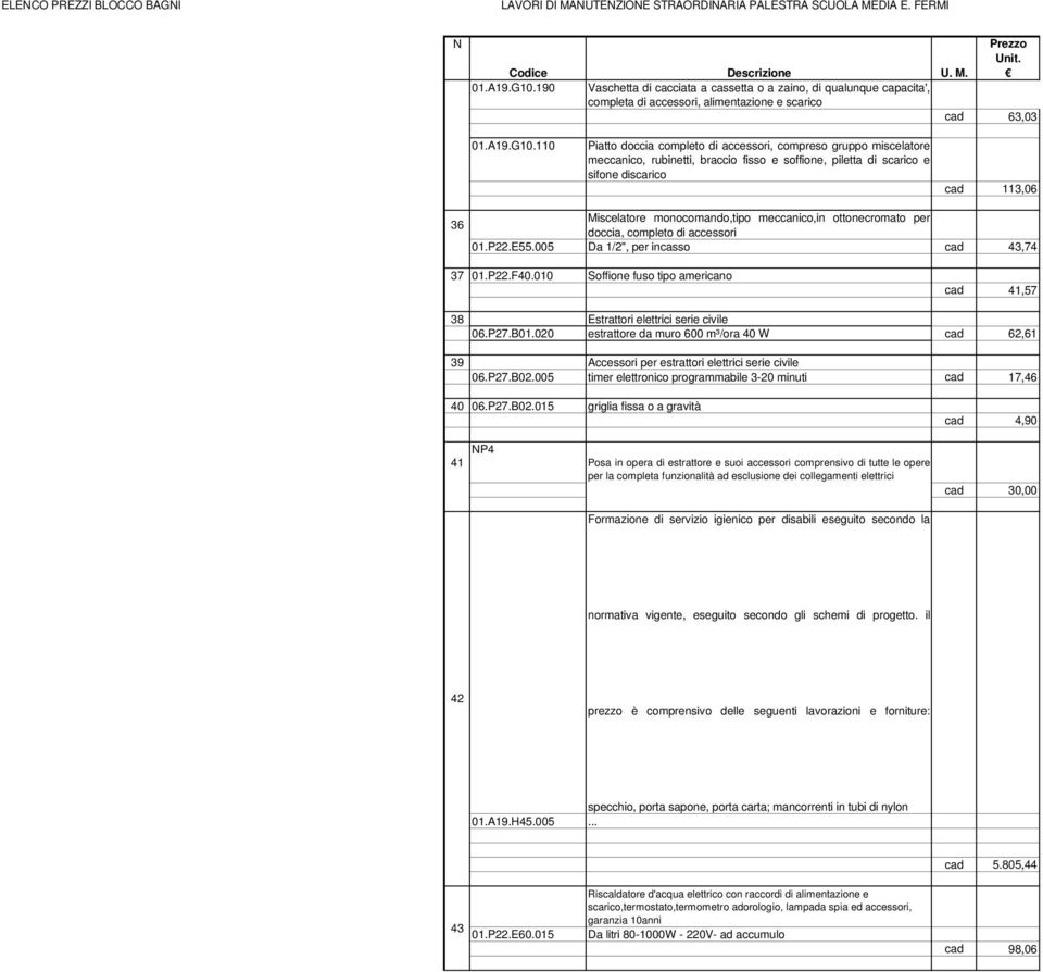 meccanico, rubinetti, braccio fisso e soffione, piletta di scarico e sifone discarico cad 113,06 36 Miscelatore monocomando,tipo meccanico,in ottonecromato per doccia, completo di accessori 01.P22.