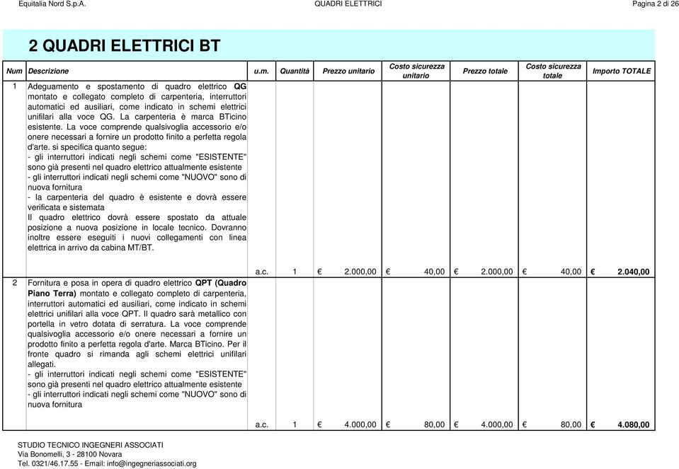 Quantità Prezzo 1 Adeguamento e spostamento di quadro elettrico QG montato e collegato completo di carpenteria, interruttori automatici ed ausiliari, come indicato in schemi elettrici unifilari alla