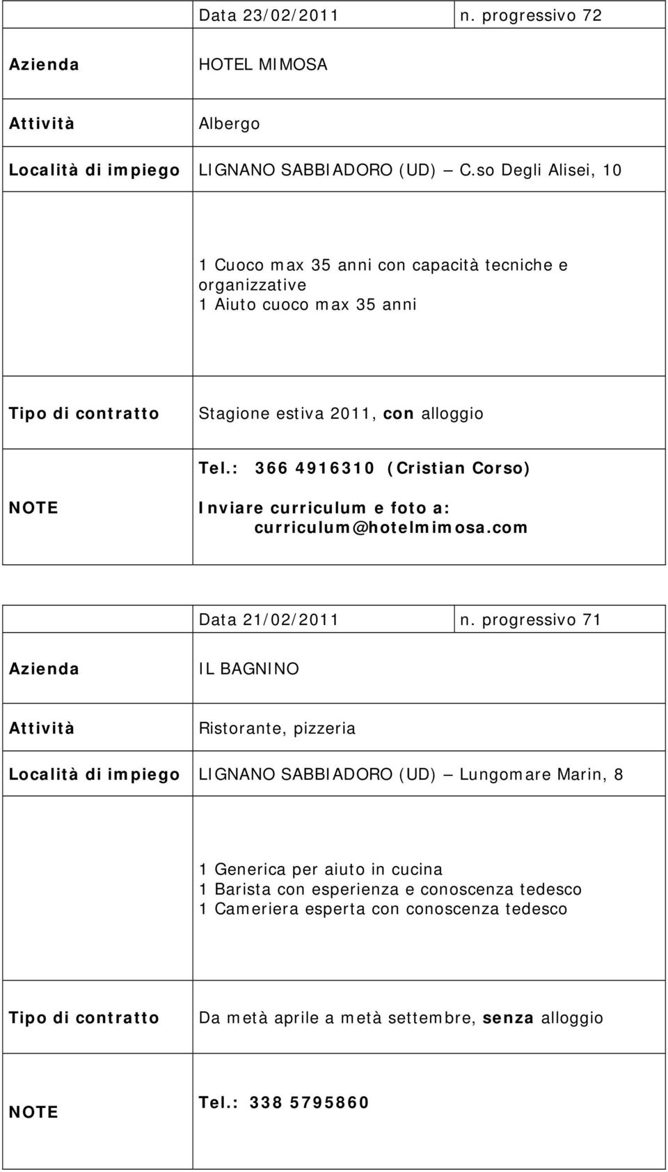 : 366 4916310 (Cristian Corso) Inviare curriculum e foto a: curriculum@hotelmimosa.com Data 21/02/2011 n.
