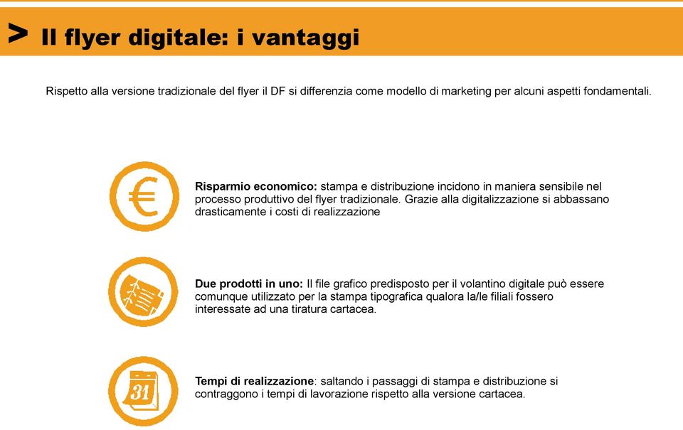 Grazie alla digitalizzazione si abbassano drasticamente i costi di realizzazione Due prodotti in uno: Il file grafico predisposto per il volantino digitale può essere comunque