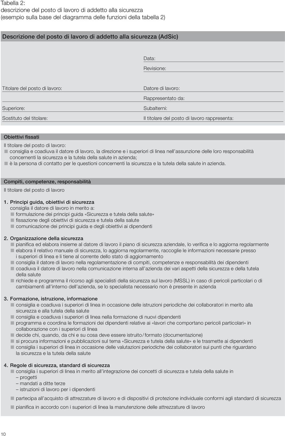 fissati Il titolare del posto di lavoro: consiglia e coadiuva il datore di lavoro, la direzione e i superiori di linea nell assunzione delle loro responsabilità concernenti la sicurezza e la tutela