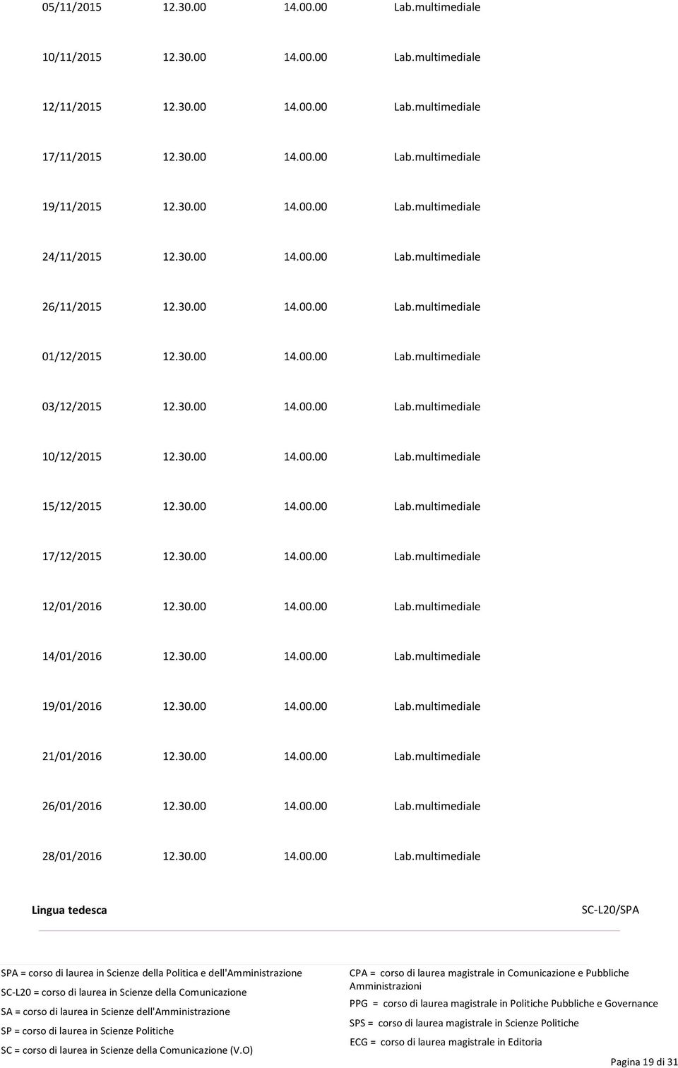 30.00 14.00.00 Lab.multimediale 15/12/2015 12.30.00 14.00.00 Lab.multimediale 17/12/2015 12.30.00 14.00.00 Lab.multimediale 12/01/2016 12.30.00 14.00.00 Lab.multimediale 14/01/2016 12.30.00 14.00.00 Lab.multimediale 19/01/2016 12.