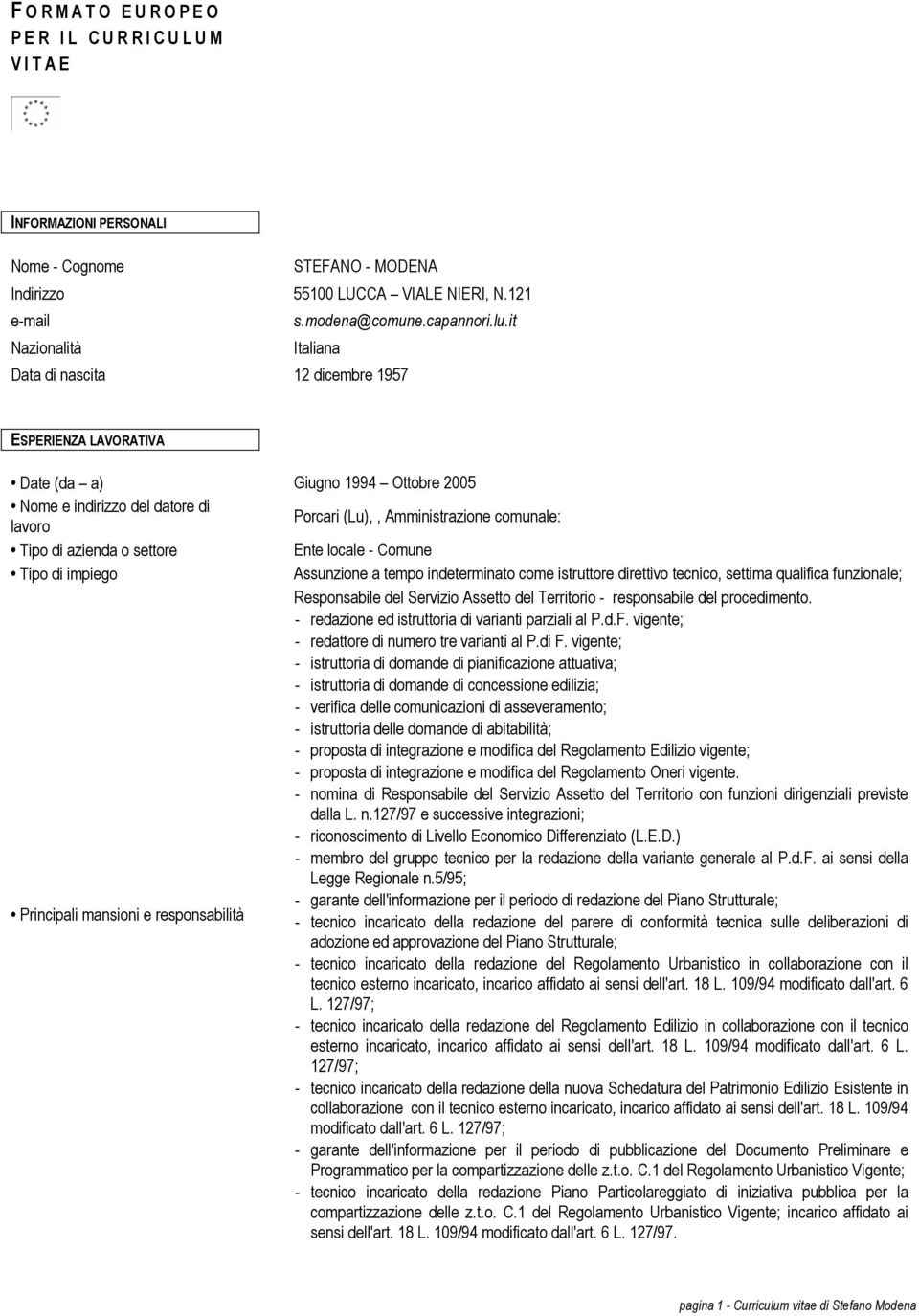 di azienda o settore Ente locale - Comune Tipo di impiego Assunzione a tempo indeterminato come istruttore direttivo tecnico, settima qualifica funzionale; Responsabile del Servizio Assetto del