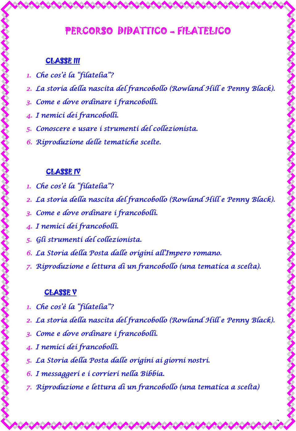 La storia della nascita del francobollo (Rowland Hill e Penny Black). 3. Come e dove ordinare i francobolli. 4. I nemici dei francobolli. 5. Gli strumenti del collezionista. 6.