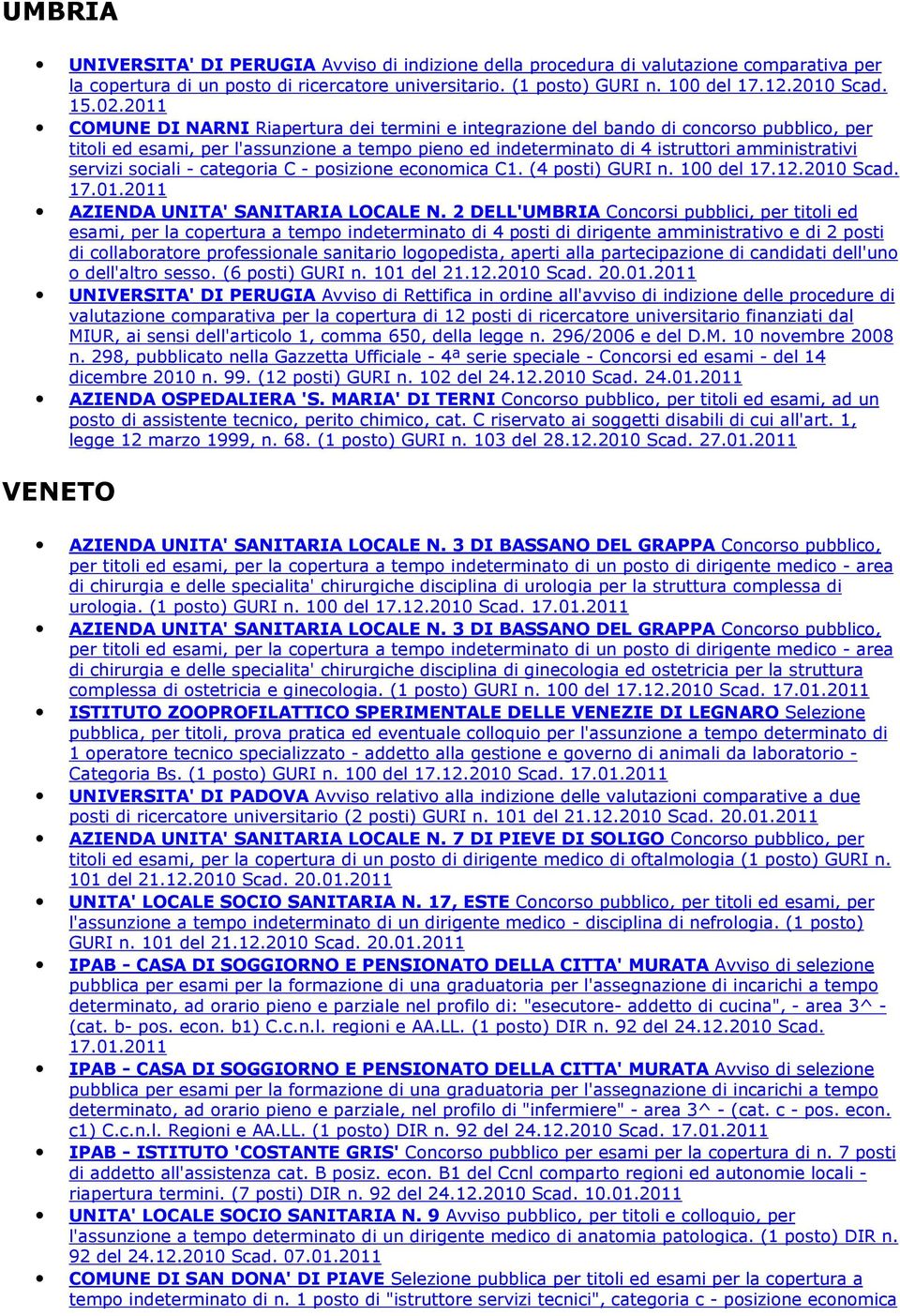 servizi sociali - categoria C - posizione economica C1. (4 posti) GURI n. 100 del 17.12.2010 Scad. AZIENDA UNITA' SANITARIA LOCALE N.
