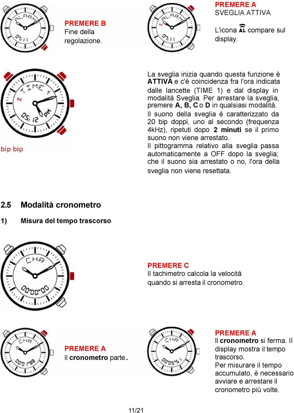 Per arrestare la sveglia, premere A, B, C o D in qualsiasi modalità.