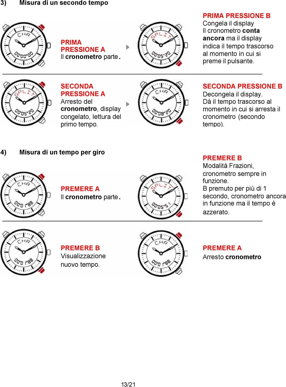 SECONDA PRESSIONE A Arresto del cronometro, display congelato, lettura del primo tempo. SECONDA PRESSIONE B Decongela il display.