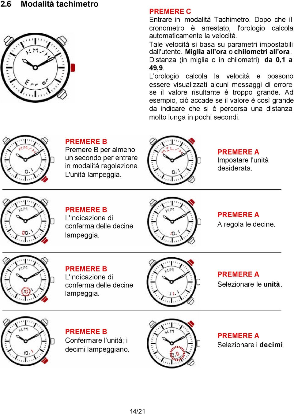 L'orologio calcola la velocità e possono essere visualizzati alcuni messaggi di errore se il valore risultante è troppo grande.