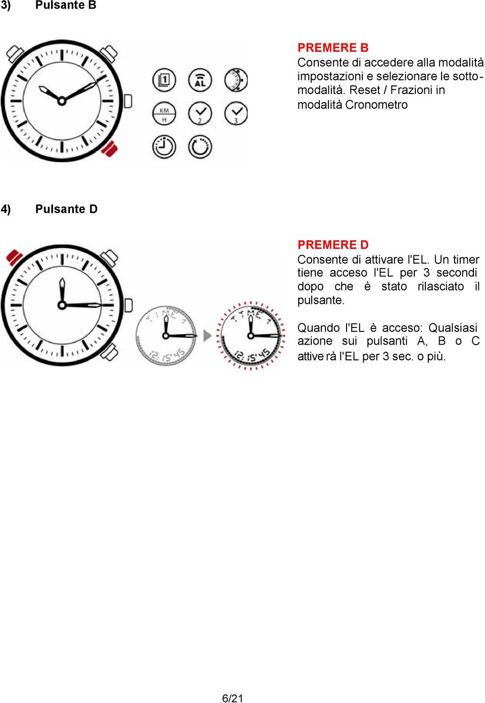 Reset / Frazioni in modalità Cronometro 4) Pulsante D PREMERE D Consente di attivare l'el.