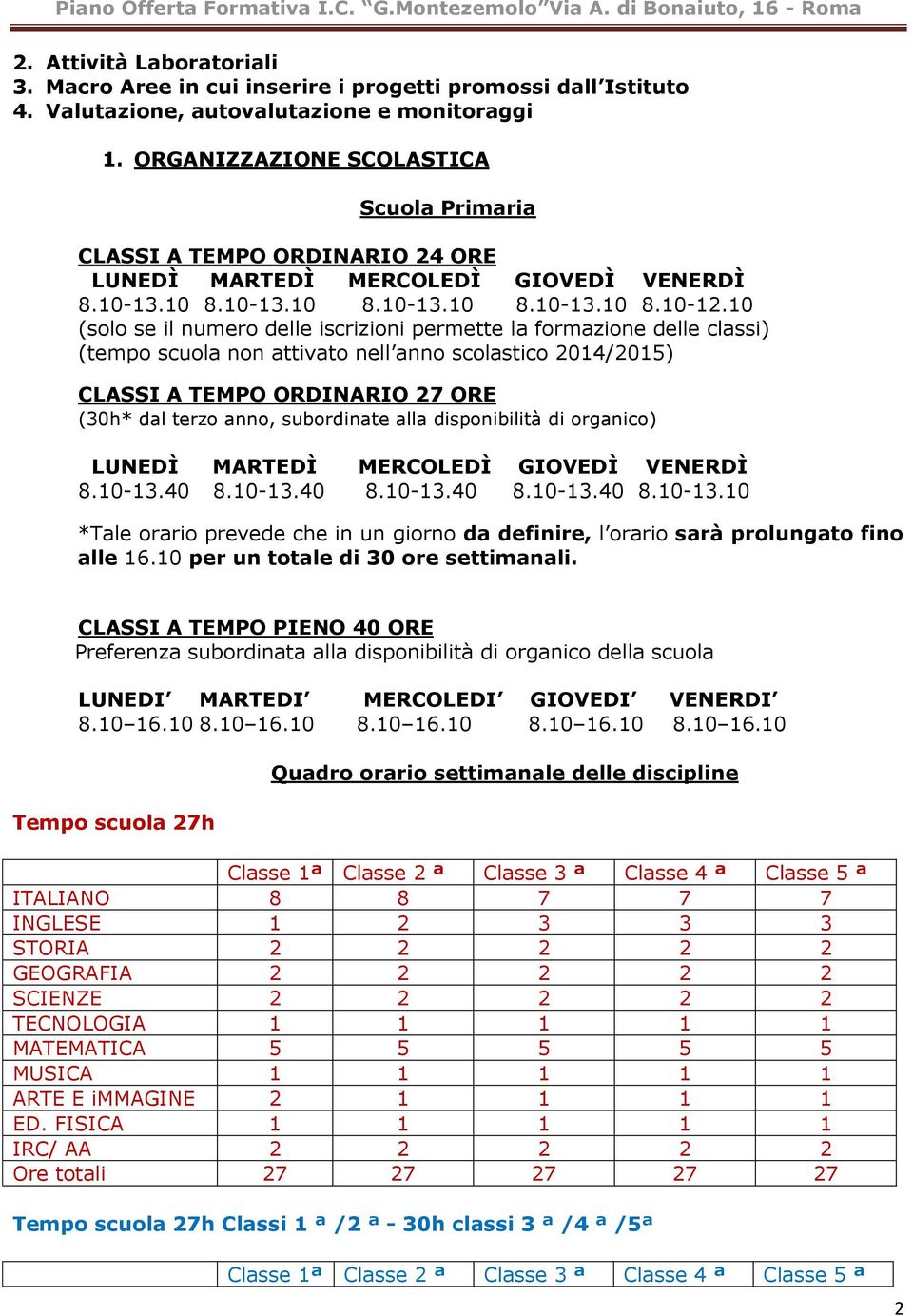 10 (sl se il numer delle iscrizini permette la frmazine delle classi) (temp scula nn attivat nell ann sclastic 2014/2015) CLASSI A TEMPO ORDINARIO 27 ORE (30h* dal terz ann, subrdinate alla