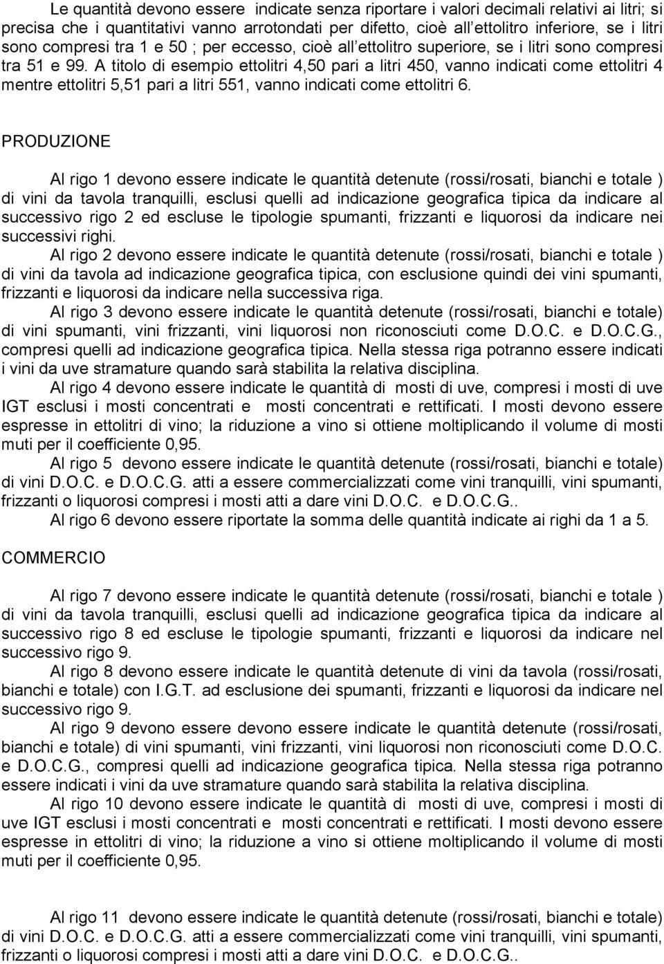 A titolo di esempio ettolitri 4,50 pari a litri 450, vanno indicati come ettolitri 4 mentre ettolitri 5,51 pari a litri 551, vanno indicati come ettolitri 6.