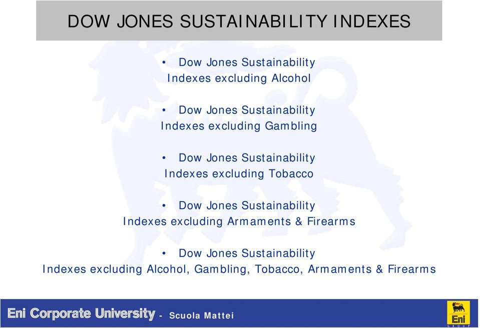 excluding Tobacco Dow Jones Sustainability Indexes excluding Armaments & Firearms Dow