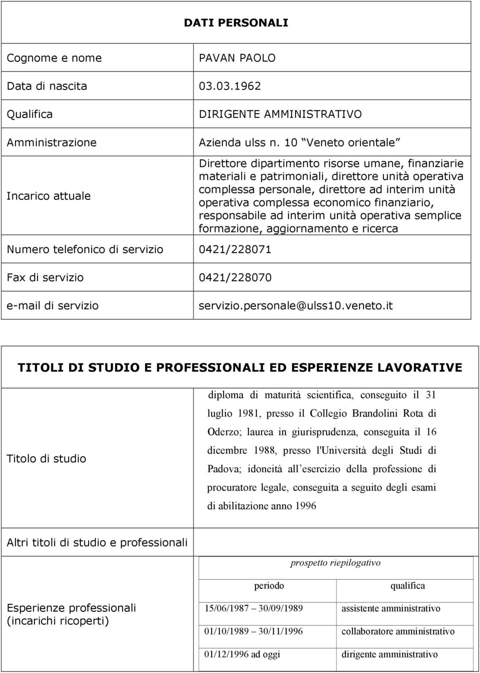 finanziario, responsabile ad interim unità operativa semplice formazione, aggiornamento e ricerca Numero telefonico di servizio 0421/228071 Fax di servizio 0421/228070 e-mail di servizio servizio.