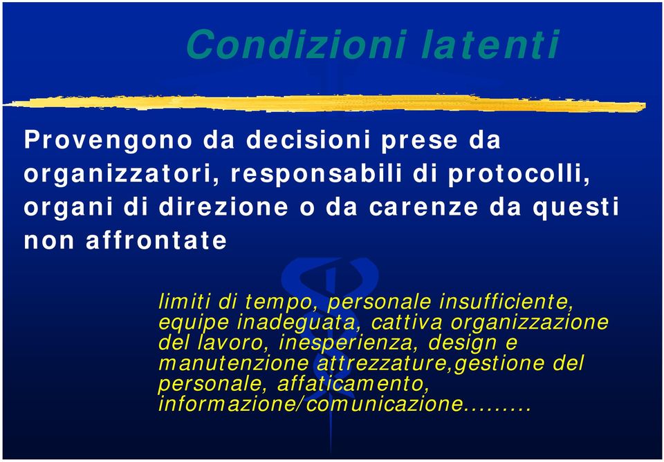 tempo, personale insufficiente, equipe inadeguata, cattiva organizzazione del lavoro, inesperienza,