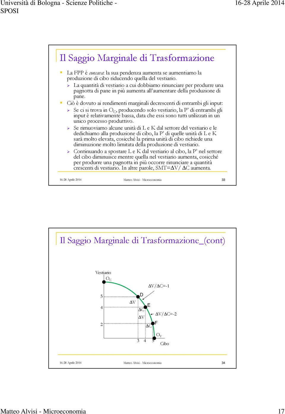 Ciò è dovuto ai rendimenti marginali decrescenti di entrambi gli input: Se ci si trova in O C, producendo solo vestiario, la P di entrambi gli input è relativamente bassa, data che essi sono tutti