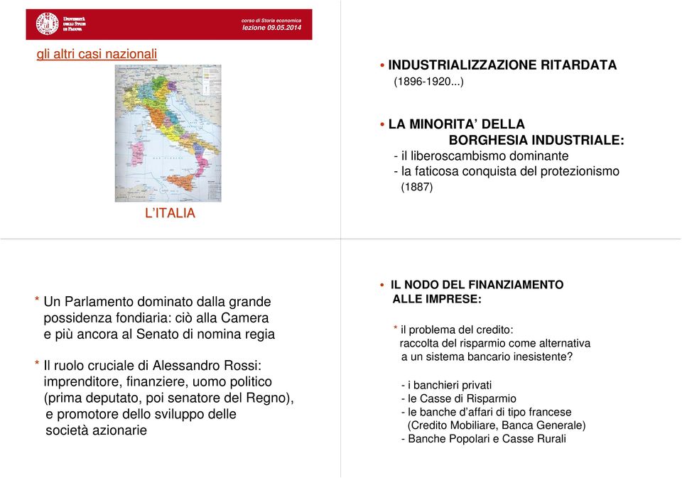 alla Camera e più ancora al Senato di nomina regia * Il ruolo cruciale di Alessandro Rossi: imprenditore, finanziere, uomo politico (prima deputato, poi senatore del Regno), e promotore dello