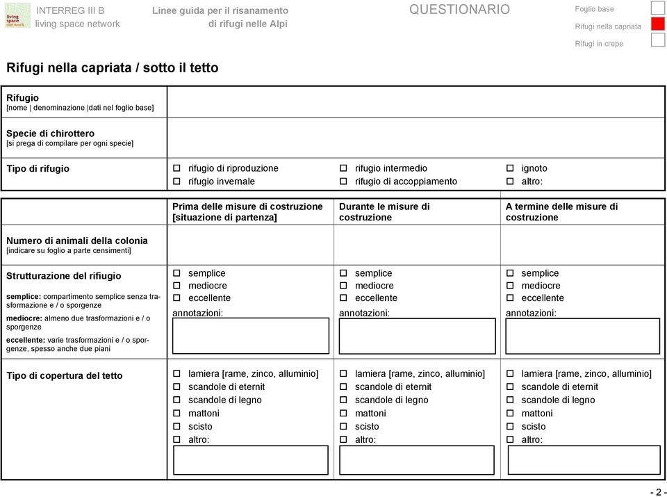 della colonia [indicare su foglio a parte censimenti] Strutturazione del rifiugio semplice: compartimento semplice senza trasformazione e / o sporgenze mediocre: almeno due trasformazioni e / o