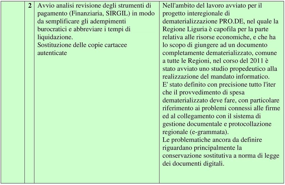 DE, nel quale la Regione Liguria è capofila per la parte relativa alle risorse economiche, e che ha lo scopo di giungere ad un documento completamente dematerializzato, comune a tutte le Regioni, nel