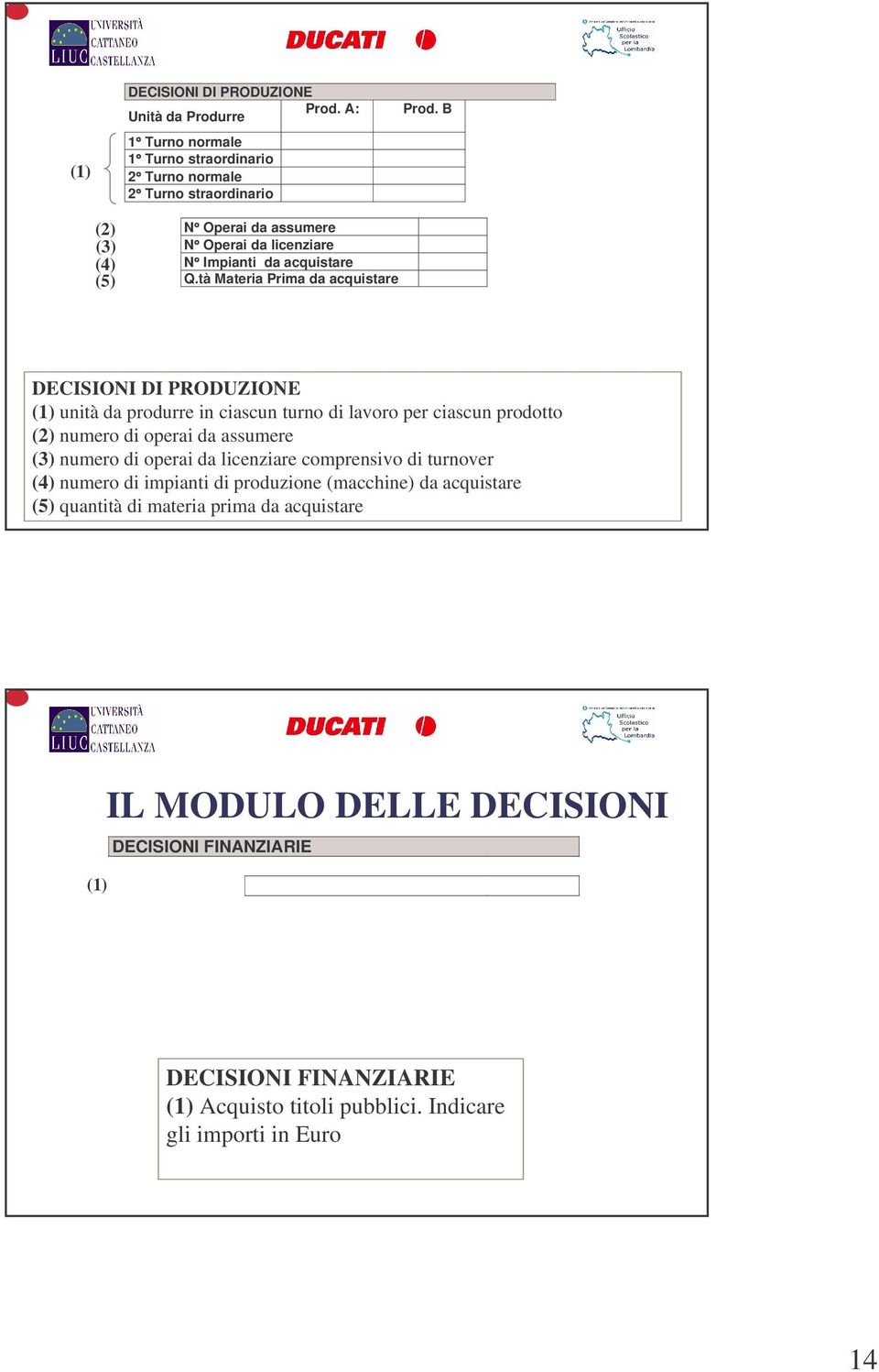 tà Materia Prima da acquistare DECISIONI DI PRODUZIONE (1) unità da produrre in ciascun turno di lavoro per ciascun prodotto (2) numero di operai da assumere (3) numero di operai