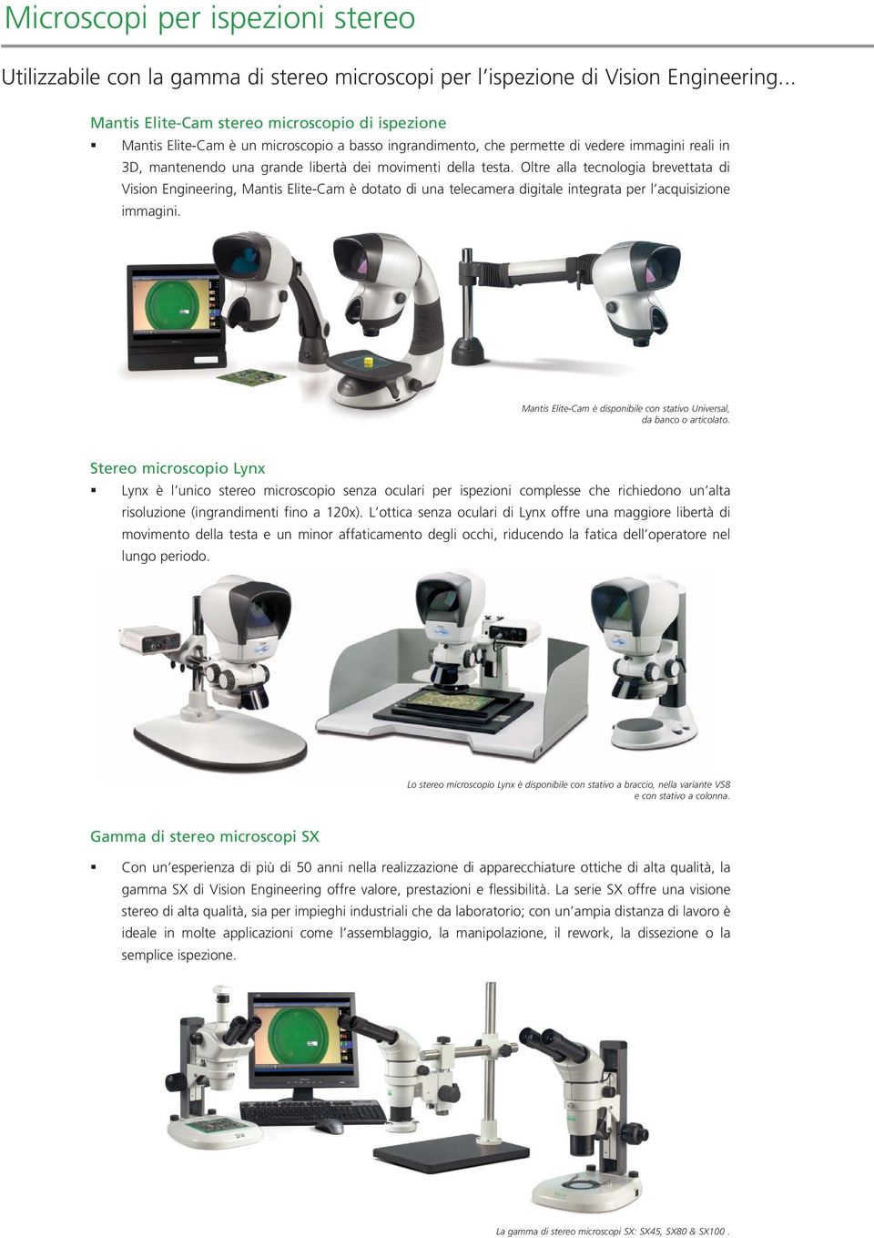 della testa. Oltre alla tecnologia brevettata di Vision Engineering, Mantis Elite-Cam è dotato di una telecamera digitale integrata per l acquisizione immagini.