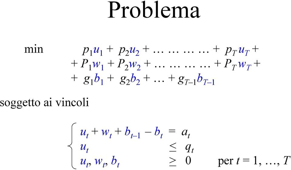 .,t [P t (x t )+ G t (s t )] 1 b 1 + g 2 b 2 + + g T 1 b T 1 soggetto ai vincoli con l ipotesi di